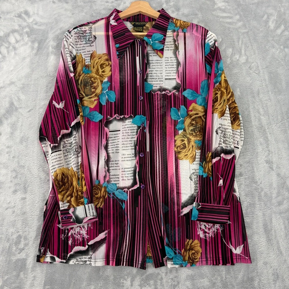 Vintage Valentina Floral Newspaper Clipping Sheer Button Up Shirt